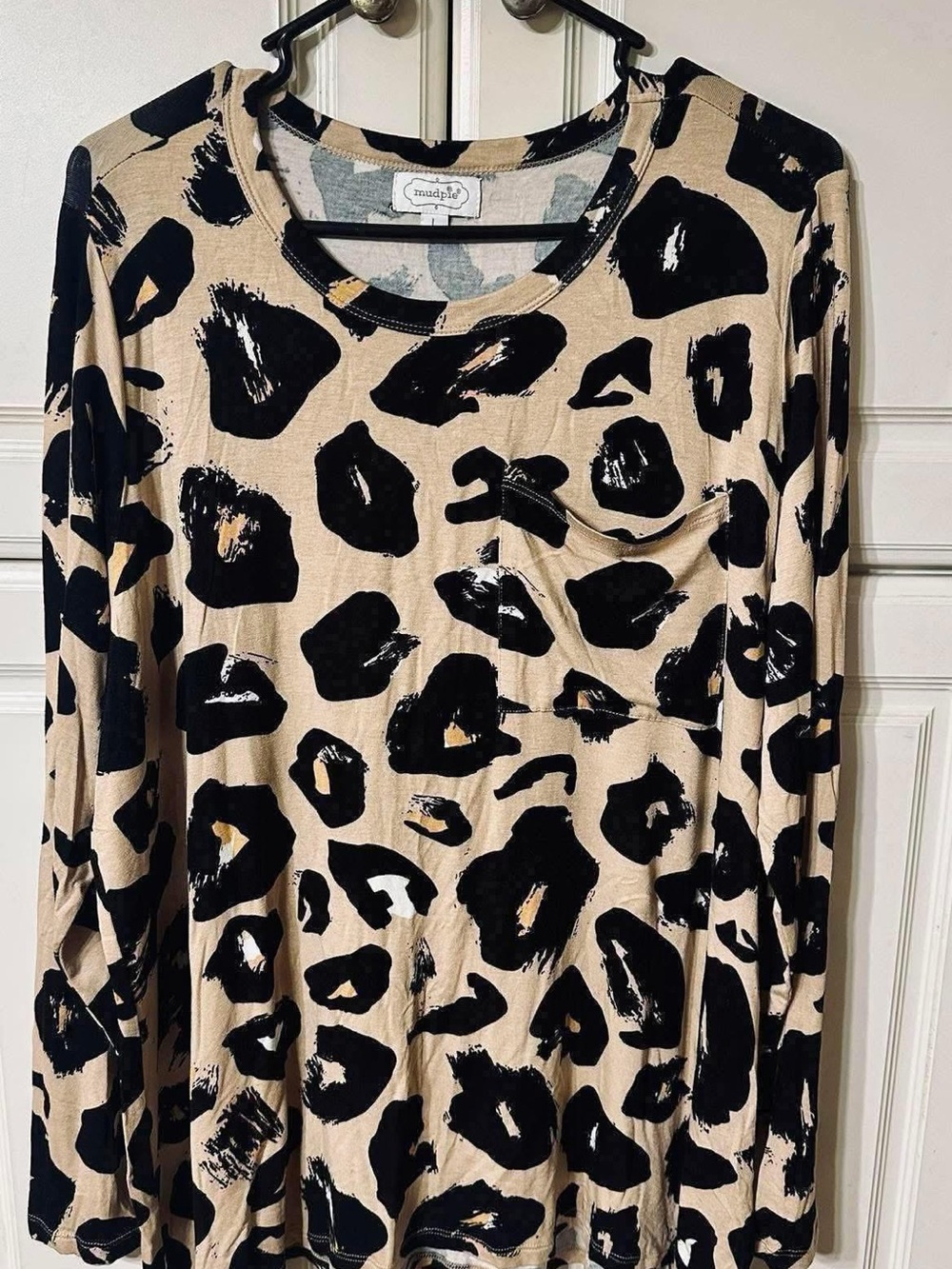 Mud Pie Beige and Black Leopard-Print Long Sleeve Tee